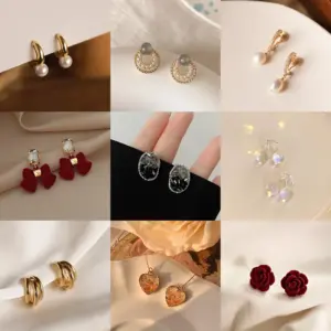 Wholesale Retro Flower Copper Plating Inlay Artificial Gemstones Pearl Ear Studs 1 Pair