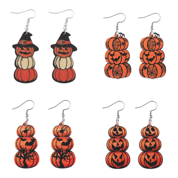 Wholesale Europe and the United States cross-border new Halloween bat grimace pumpkin pendant earrings wooden Gothic wind double-sided ear jewelry