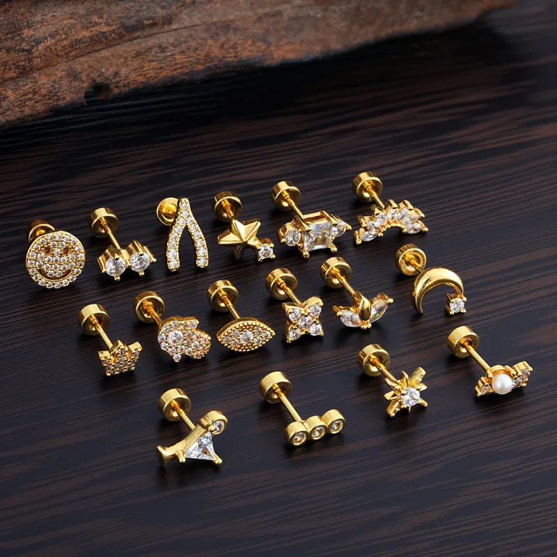 Wholesale Stainless Steel Plated Micro Paved Zirconia Ear Studs Genuine Gold Electroplated Small Elegant Punk Style Unisex Earrings