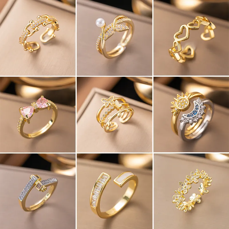 Wholesale Real Gold Plated Copper PVD Coated Zircon Snake Butterfly Bow Knot Waterproof Non Tarnish Open Rings