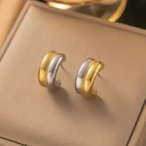 15 [Ag160] Double-Layer C- Shaped Earrings Two-Tone