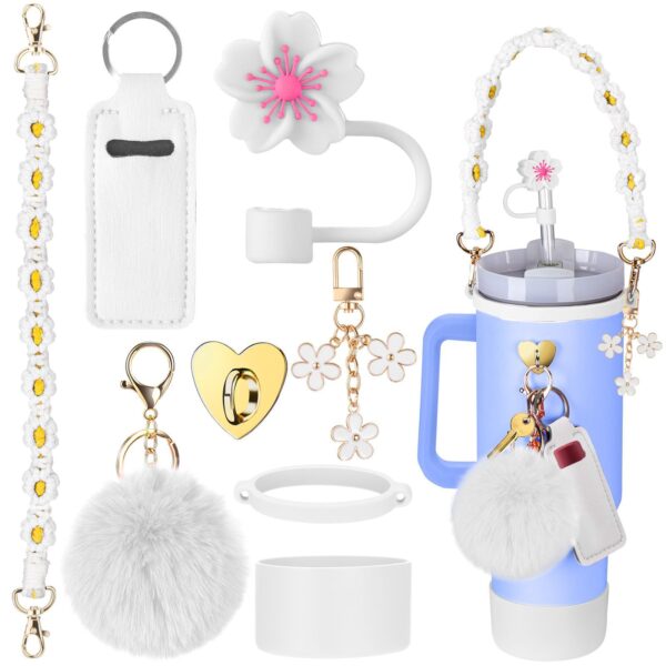 Wholesale Stanley Cup Decorative Straw Cap Cup Set Cup Chain Ins Colorful Begonia Flower Key Pendant Fur Ball Pendant