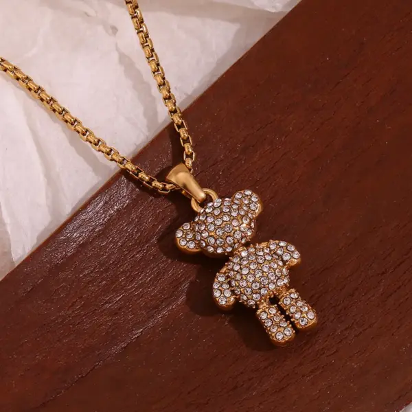 Wholesale 304 Stainless Steel Bear PVD Coated Rhinestones 18K Real Gold Plated Simple Style Classic Style Waterproof Non Tarnish Plating Inlay White Gold Pendant Necklace