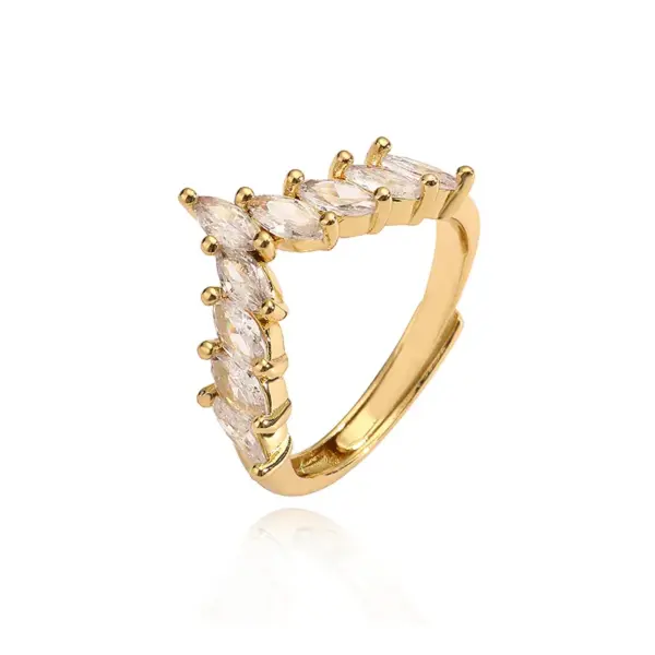 Wholesale Elegant Luxurious Shiny V Shape Copper Plating Inlay Zircon 18k Gold Plated Open Rings