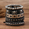 Wholesale Multi-layer wide leather bracelet alloy skull five-pointed star 4-piece set