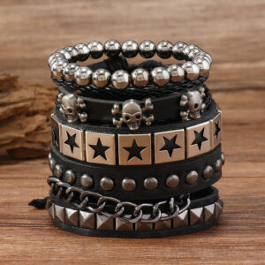 oly-f628df84830bae299c5cc373000d33b9 Wholesale Multi-layer wide leather bracelet alloy skull five-pointed star 4-piece set