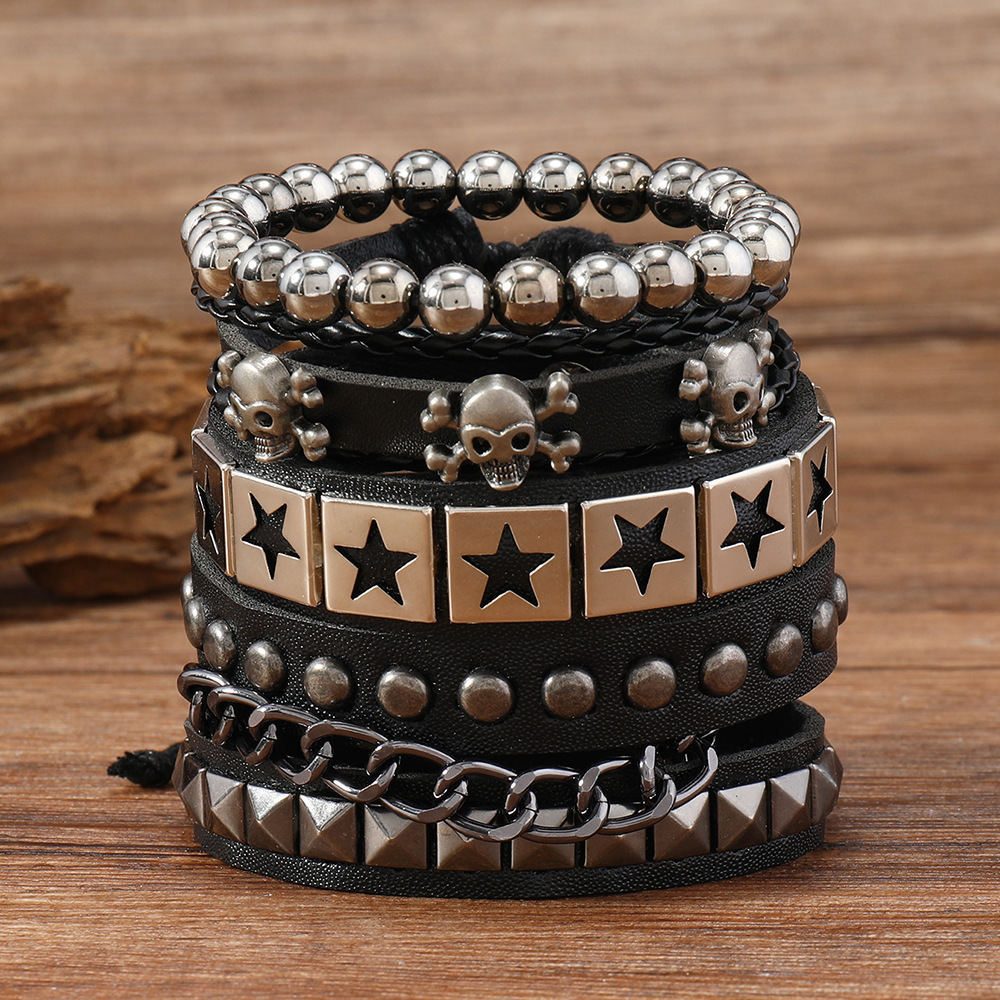 Wholesale Multi-layer wide leather bracelet alloy skull five-inted star 4-piece set