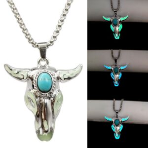 Wholesale European and American men's turquoise skull bull head stainless steel luminous necklace retro animal religious divine cow luminous pendant