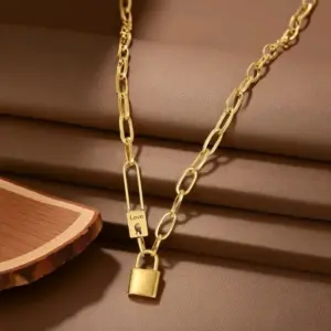 X06133-LOVE Lock Necklace - Gold