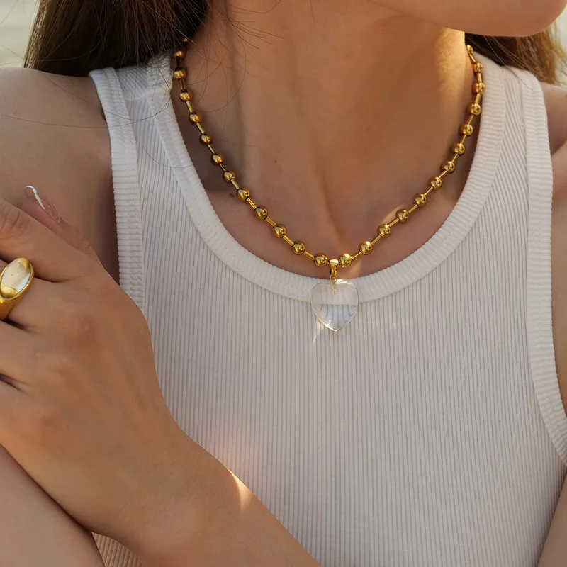 Wholesale 304 Stainless Steel Heart Shape PVD Coated Real Gold Plated IG Style Waterproof Non Tarnish Plating Ball Chain Necklace
