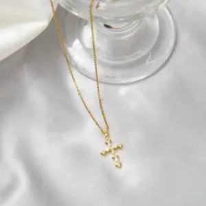 Wholesale Retro Cross Stainless Steel Inlay Rhinestones Pendant Necklace