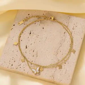 Qyb5002 Double Layer White Shell Butterfly Anklet / Gold