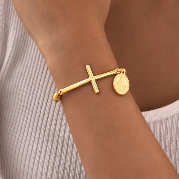 Wholesale PVD Coated Real Gold Plated 18K Rose Saint Benedict 201 Stainless Steel Retro Religion Waterproof Non Tarnish Bracelets