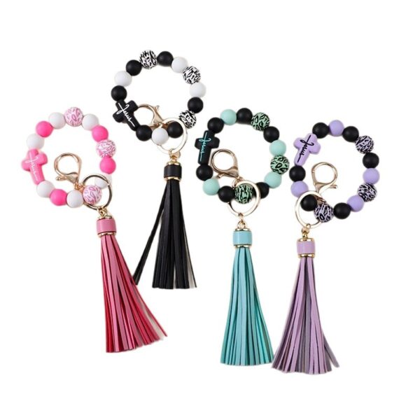 Wholesale Colorful Leopard Print Silicone Letter Cross Cow Head Wristlet Keychain