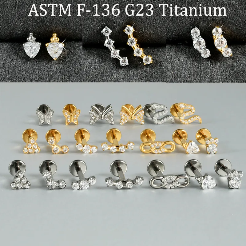 Wholesale 1 Piece Ear Cartilage Rings & Studs Casual Hip-Hop Snake Butterfly G23 Titanium Alloy Zircon Ion Plating (IP) 18K Gold Plated Lip