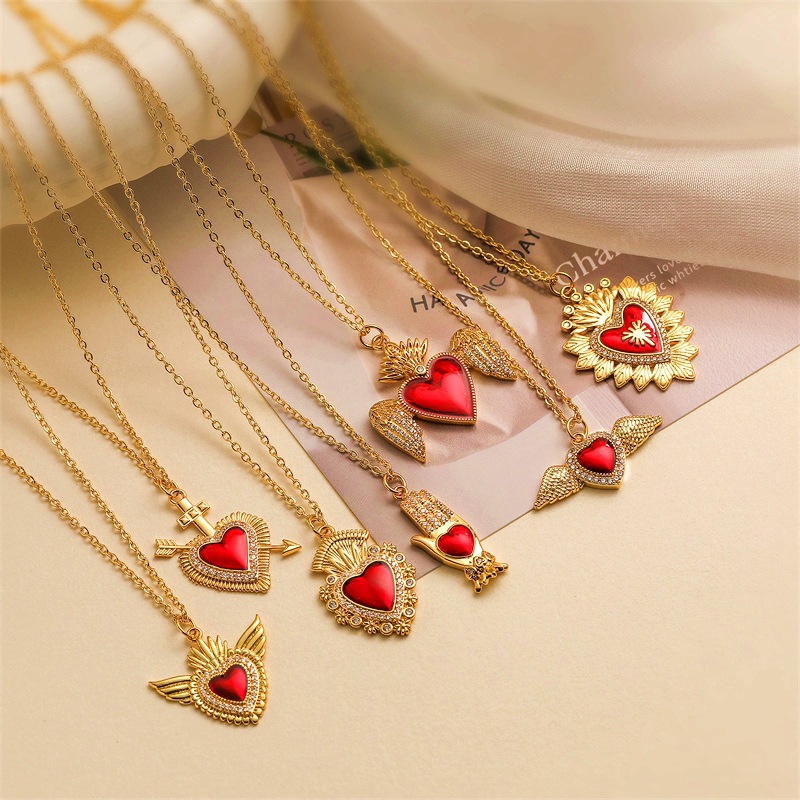 Wholesale fashion copper plated gold zircon op oil Love wings pendant necklace