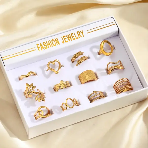 Ion Plating (IP) 18K Gold Plated Leaves Heart Shape Lines 304 Stainless Steel Cute Retro Simple Style Waterproof Non Tarnish Rings