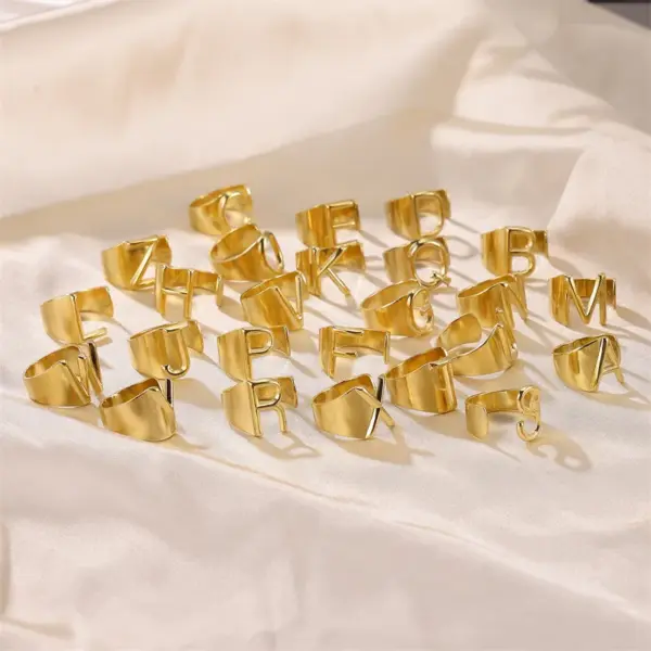 Wholesale PVD Coated Real Gold Plated Letter 304 Stainless Steel Hip-Hop Punk Cool Style Waterproof Non Tarnish Wide Band Rings
