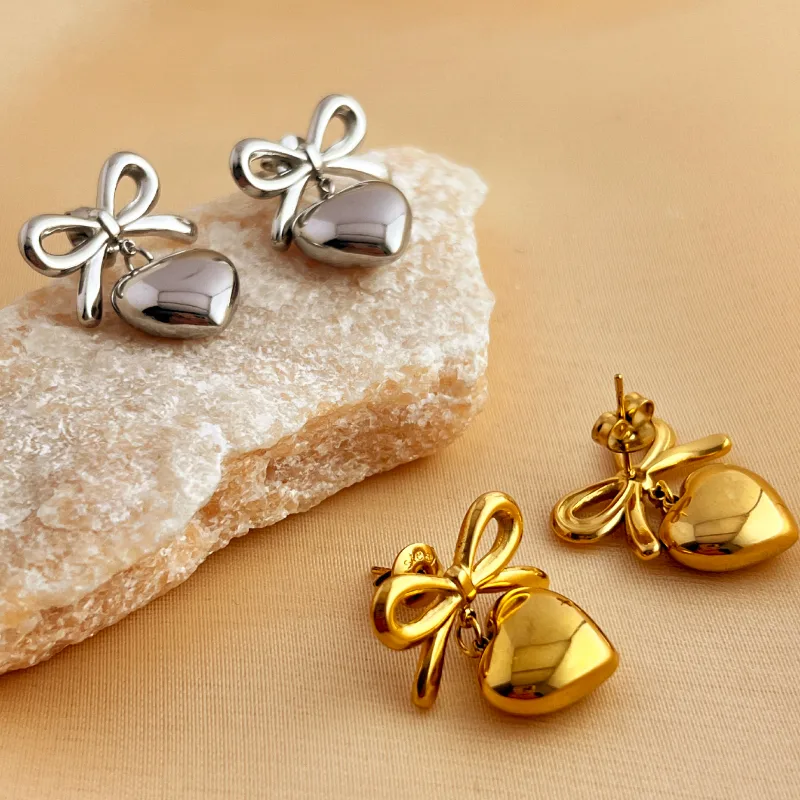 Wholesale PVD Coated Real Gold Plated 18K Gold Heart Shape Bow Knot 304 Stainless Steel Elegant Glam Luxurious Waterproof Non Tarnish Dangling Earrings