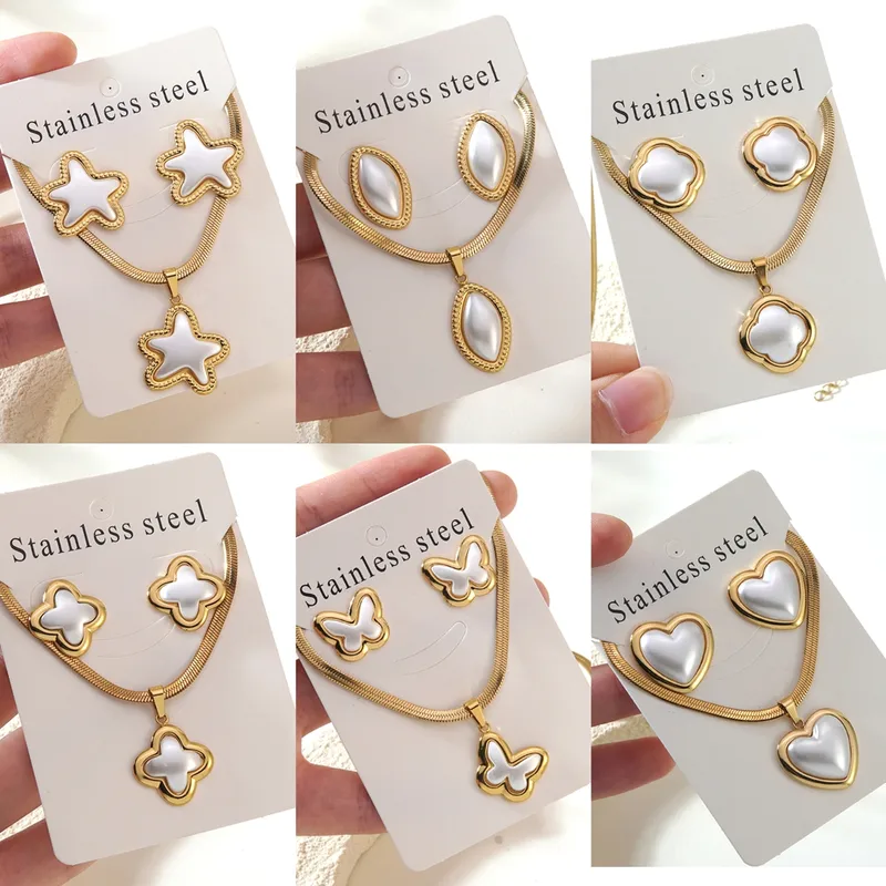 Wholesale Water Plated Imitation Gold White Heart/Geometric/Butterfly Shaped Jewelry Set 304 Stainless Steel Three-Dimensional Snake Chain