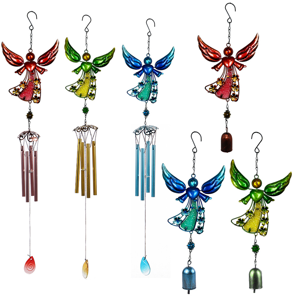 Wholesale Cross-border New Products Angel Wind Bell Iron Metal Crafts Hanging Decorations Glass Painted Spray Courtyard Balcony rch Pendant