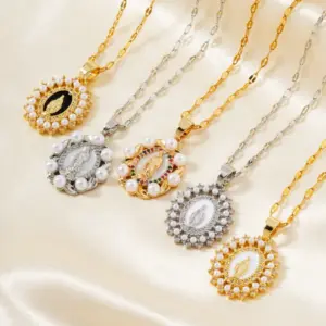 Wholesale Vacuum Plating K Gold Plated Round Virgin Mary 304 Stainless Steel Copper Vintage Style Religion Artistic 304 Stainless Steel Pendant Necklace