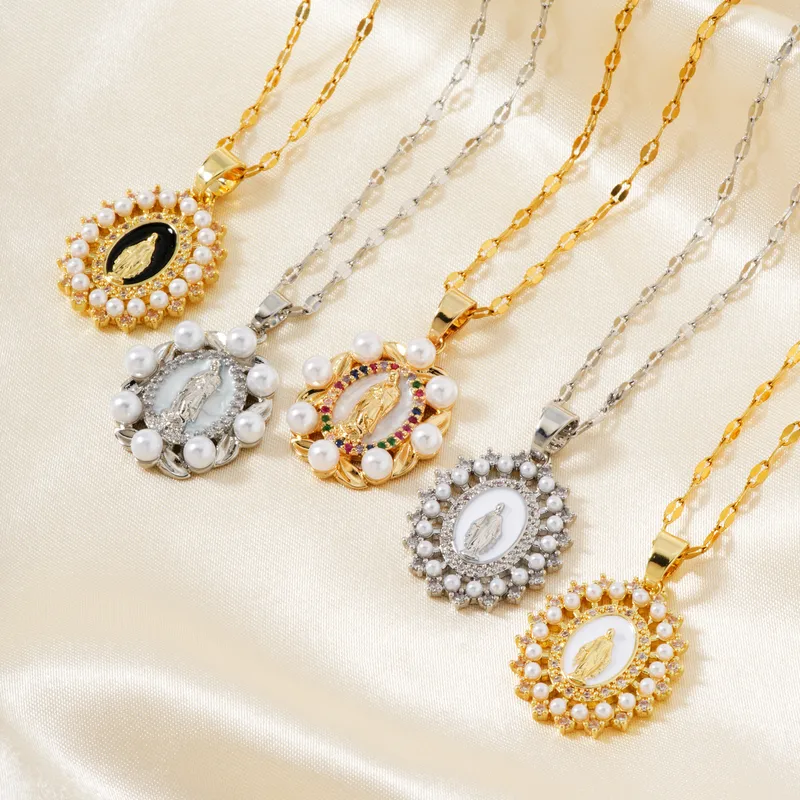 Wholesale Vacuum Plating K Gold Plated Round Virgin Mary 304 Stainless Steel Copper Vintage Style Religion Artistic 304 Stainless Steel Pendant Neckla