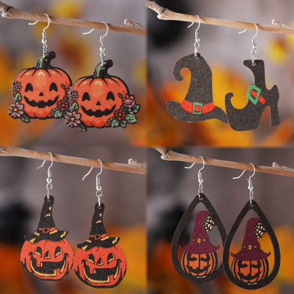 Wholesale Cross-Border New Halloween Gothic Style Ghost Face Pumpkin Witch Hat Witch Boots Pendant Earrings Wooden Double-Sided Earrings