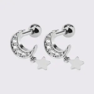 White Steel Moon Eardrops Stud Earrings One
