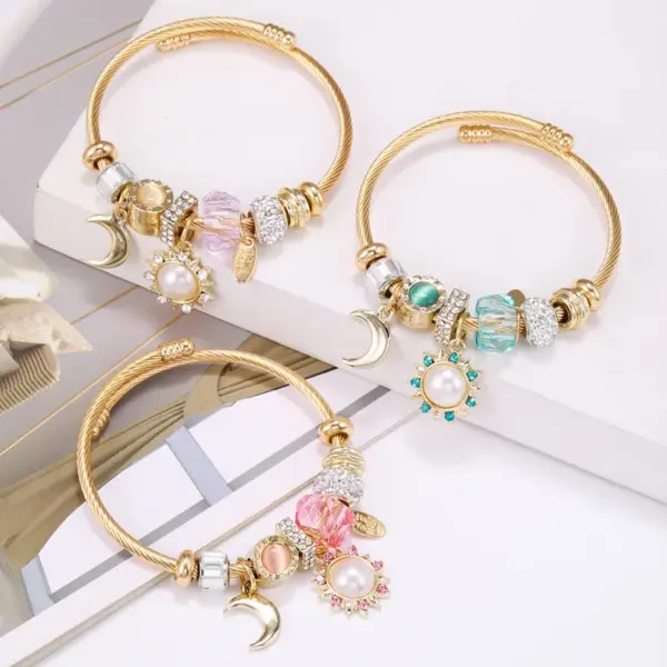 Wholesale Cartoon Style Geometric Stainless Steel Patchwork Artificial Gemstones Bangle 1 Piece
