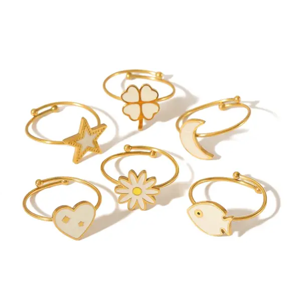 Wholesale PVD Coated Real Gold Plated 18K Gold Pentagram Heart Shape Flower 304 Stainless Steel IG Style Simple Style Classic Style Waterproof Non Tarnish Open Rings