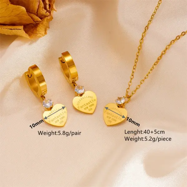 Wholesale 304 Stainless Steel Heart Shape PVD Coated Zircon 18K Real Gold Plated Simple Style Classic Style Waterproof Non Tarnish Plating Gold Jewelry Set