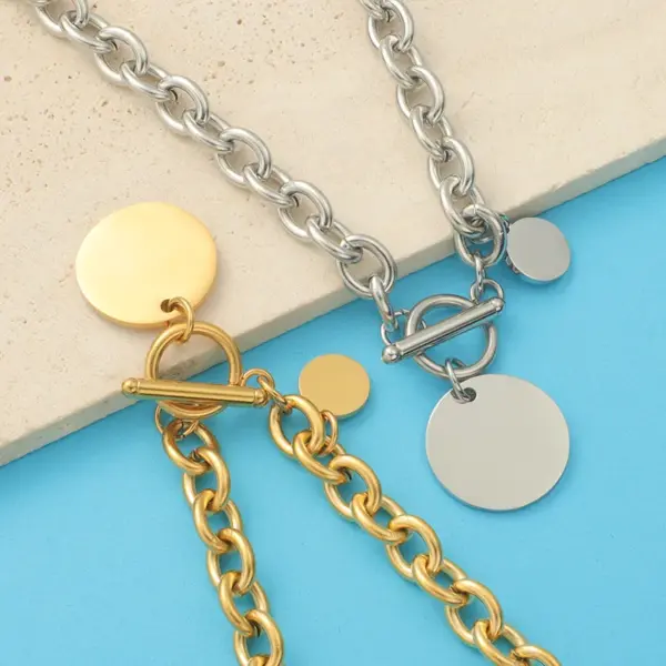 Wholesale 304 Stainless Steel Customization Laser Engraving Solid Color PVD Coated 18K Real Gold Plated Simple Style Waterproof Non Tarnish Plating Pendant Necklace