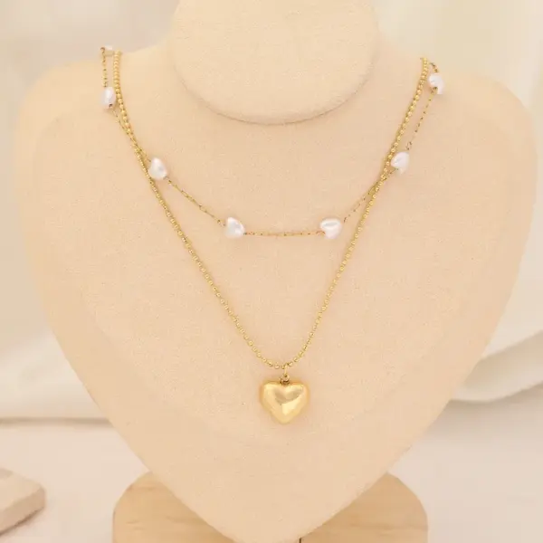 Wholesale Stainless Steel 18K Gold Plated Fashion Gold Plated Heart Shape Pearl Layered Necklaces