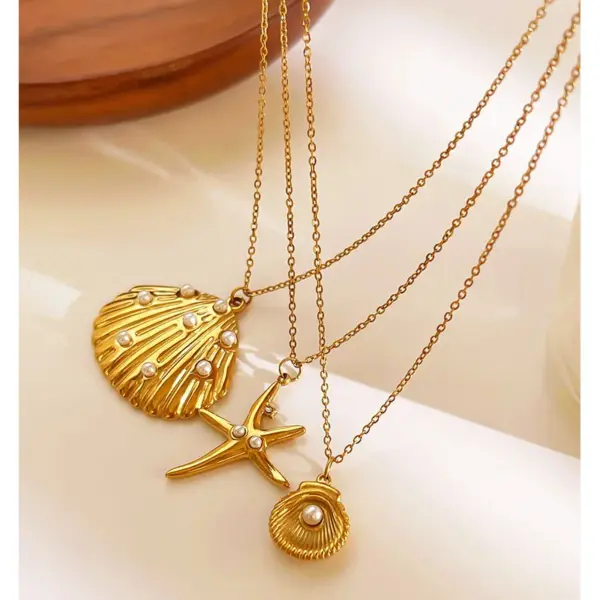 304 Stainless Steel Starfish Conch Shell PVD Coated Imitation Pearl Real Gold Plated Marine Style Waterproof Non Tarnish Surgical Steel Cross Chain Box Chain Lobster Trigger Clasp Closure Gold Pendant Necklace
