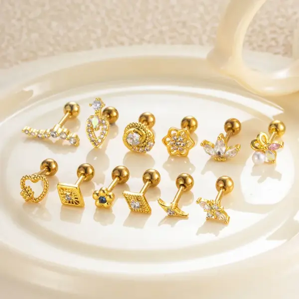 Wholesale 1 Piece 316 Stainless Steel Copper Zircon Ear Cartilage Rings & Studs Heart Shape Flower Ear Cartilage Rings & Studs