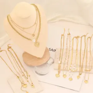 Wholesale Stainless Steel 18K Gold Plated Fashion Gold Plated Heart Shape Pearl Layered Necklaces