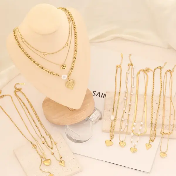 Wholesale Stainless Steel 18K Gold Plated Fashion Gold Plated Heart Shape Pearl Layered Necklaces