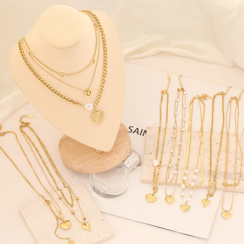 Wholesale Stainless Steel 18K Gold Plated Fashion Gold Plated Heart Shape Pearl Layered Necklaces