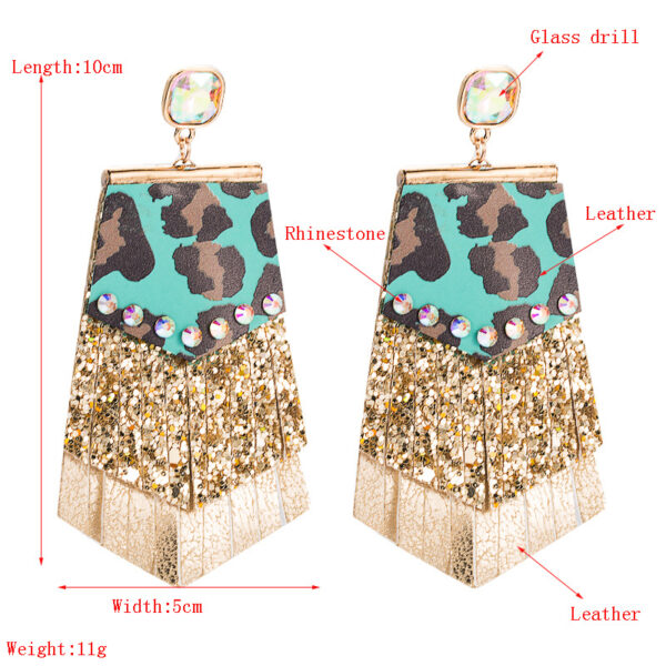 Wholesale Amazon Explosions Exaggerated Leopard Leather Earrings Women's Alloy Diamond-encrusted Sequins Tassel Double-layer Elegant Banquet Earrings