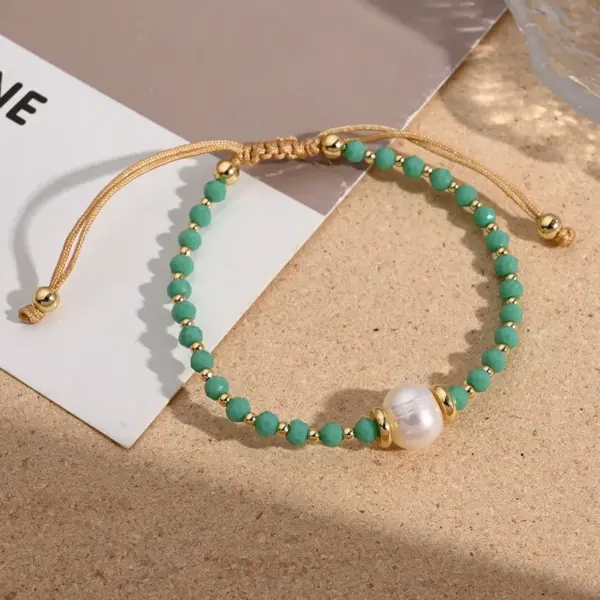 Wholesale Simple Style Colorful 18K Gold Plated Freshwater Pearl Glass Copper Beaded Chain Beaded Bracelets Wholesale