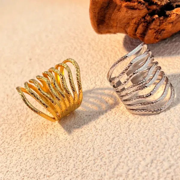 Wholesale PVD Coated Real Gold Plated 18K Gold Stripe 304 Stainless Steel Casual Retro Waterproof Non Tarnish Open Rings