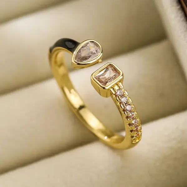Wholesale Simple Style Square Water Droplets Heart Shape Copper Enamel Plating Inlay Zircon 18k Gold Plated Open Ring