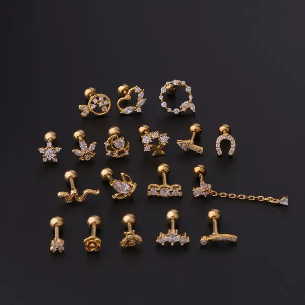Copper Artificial Gemstones Ear Cartilage Rings & Studs Geometric Waterproof Non Tarnish Surgical Steel
