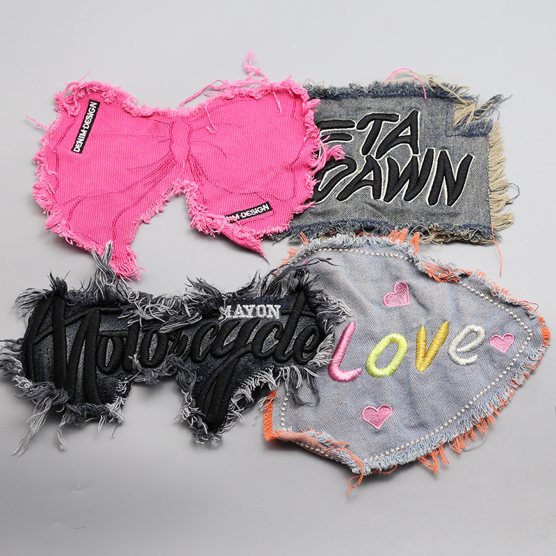 Wholesale Denim Tassel Edge Letter Cloth Sticker Patch Embroidery Cloth Sticker Clothing Bag Hand-ed Decorative Cloth Sticker DIY Aessories
