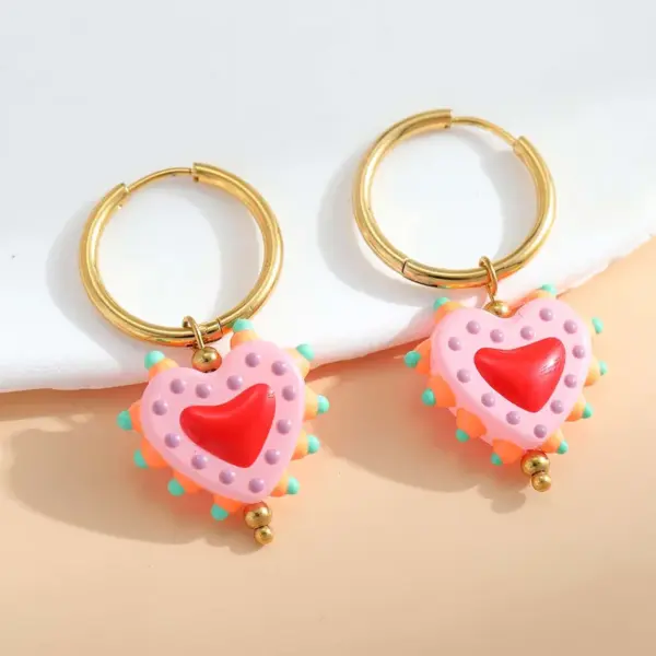 Wholesale 1 Pair Casual Cute Sweet Heart Shape Enamel Plating 304 Stainless Steel 18K Gold Plated Charm Sleeper Hoop Earrings