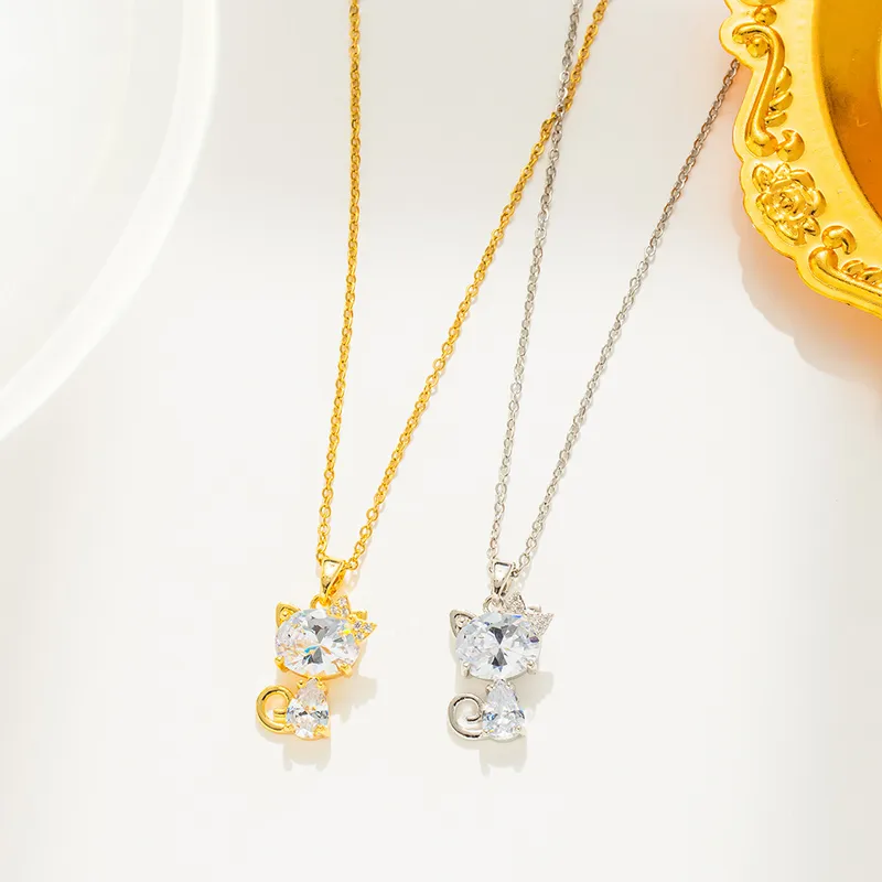 Wholesale PVD Coated Real Gold Plated Cat Stainless Steel Cute Waterproof Non Tarnish Pendant Necklace