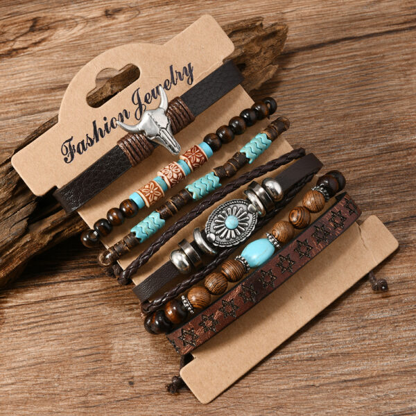 oly-f74aa5c2b077d9b3ee0a7e371b50899d Wholesale Cross-border New European and American Western Denim Style Leather Cow Tau Pine Stone Chicken Wings Coconut Shell Men's 6-piece Bracelet