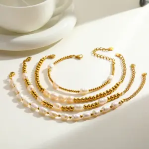 Wholesale 304 Stainless Steel Gold Plated Vacuum Electroplating (In Furnace) Gold Steel Color Women's Suitable Beaded Chain Bracelet Round Pearl Elegant Novel Design