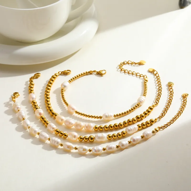 Wholesale 304 Stainless Steel Gold Plated Vacuum Electroplating (In Furnace) Gold Steel Color Women's Suitable Beaded Chain Bracelet Round Pearl Elega